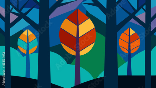 Fantasy Forest with Leaves of Stained Glass Magical Nature Landscape