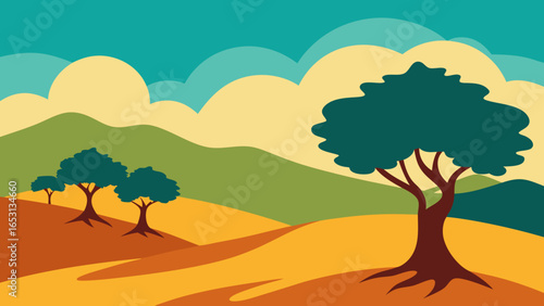 Serene Landscape Featuring Ancient Gnarled Olive Grove Trees
