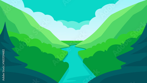 Lush Green Canyon Landscape with Stream Flowing Through