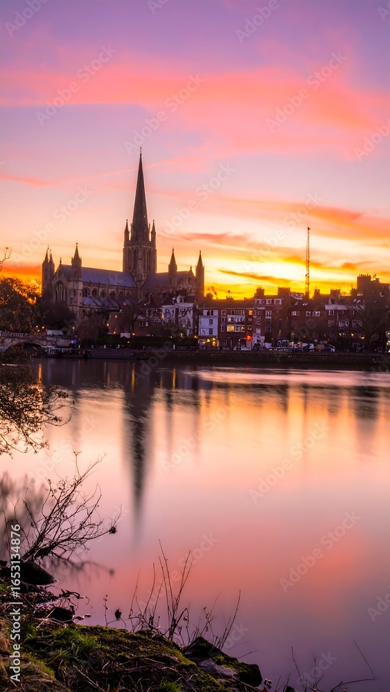 Fototapeta premium City cathedral reflected in a calm river at sunset