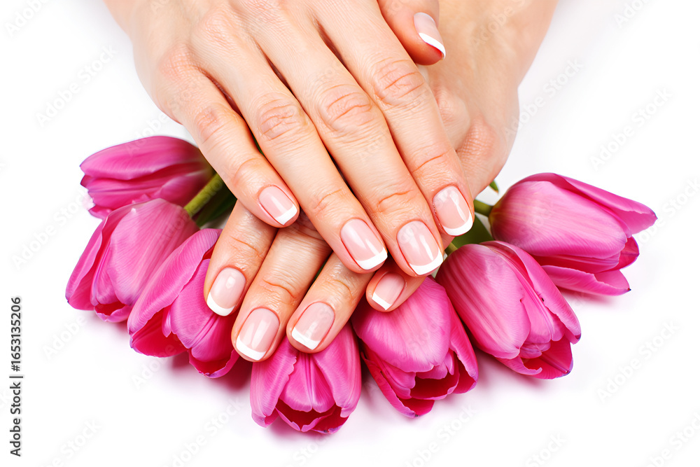 Fototapeta premium Elegant French manicured hands with pink tulips nails