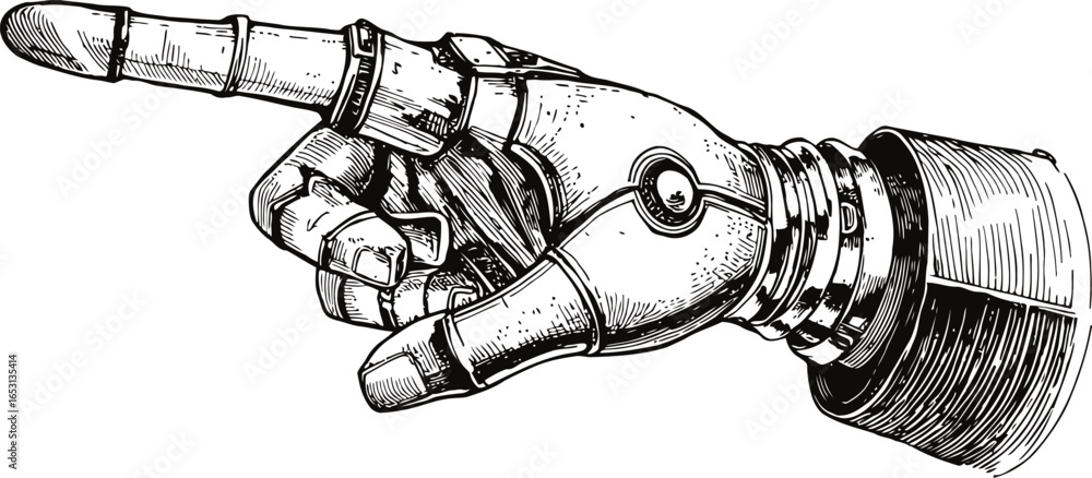 Detailed vintage engraving style vector sketch of the robotic hand with pointing finger gesture. Isolated on white, featuring mechanical joints and bolts, in a retro fantasy aesthetic.