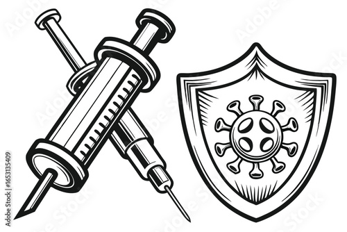 Virus Defense Shield with Virus and Syringe in on White Background