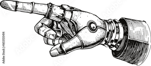Detailed vintage engraving style vector sketch of the robotic hand with pointing finger gesture. Isolated on white, featuring mechanical joints and bolts, in a retro fantasy aesthetic.