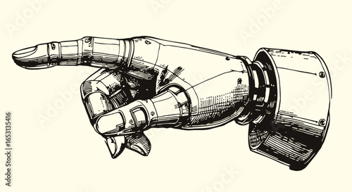 Detailed vintage engraving style vector sketch of the robotic hand with pointing finger gesture. Isolated on white, featuring mechanical joints and bolts, in a retro fantasy aesthetic.