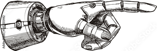 Detailed vintage engraving style vector sketch of the robotic hand with pointing finger gesture. Isolated on white, featuring mechanical joints and bolts, in a retro fantasy aesthetic.