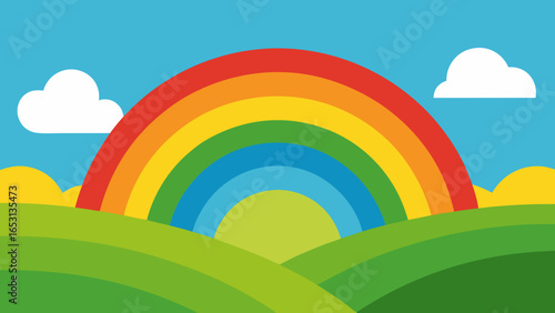 Scenic Landscape with Rainbow Arching Across the Sky After Storm