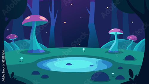 A Magical Forest Clearing with a Glowing Pond and Fireflies