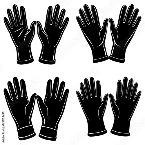 Illustration of four pairs of black gloves with detailed fingers and wrist bands in a vector format