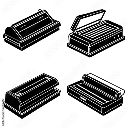 Collection of four different styles of black and white isometric vacuum sealer appliances on white background