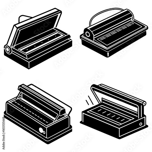 Four isometric black and white illustrations of different hole punchers in various open positions