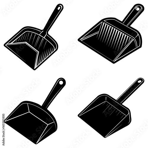 Illustration showing a pattern of four black dustpans with handles and a small hole for hanging