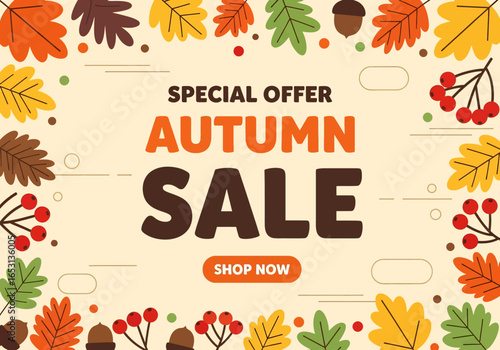 Flat illustration of autumn sale banner with colorful leaves, mushrooms, and berries frame, promoting seasonal shopping discount, perfect for retail marketing design