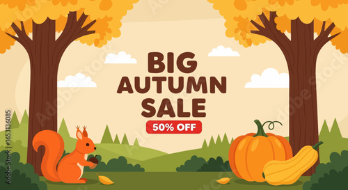 Flat illustration of autumn sale banner with squirrel holding acorn, pumpkins, and fall trees in forest scene, promoting seasonal discount up to 50% off, perfect for shopping and marketing design