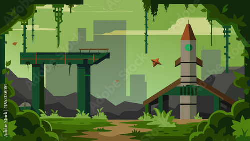 An Abandoned Overgrown Spaceport with Rocket Gantries SciFi Decay