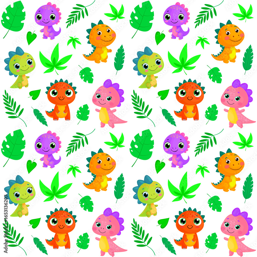Obraz premium Dragon and Tropical Leaves Pattern Vector