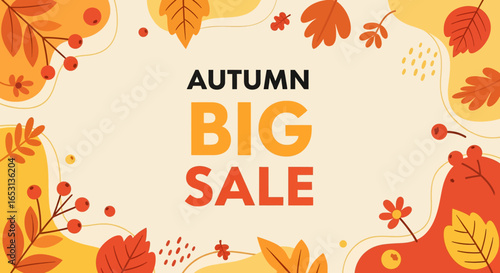 Flat illustration of autumn big sale banner with colorful fall leaves, berries, and floral elements, perfect for seasonal shopping promotions, retail discounts, and marketing campaigns