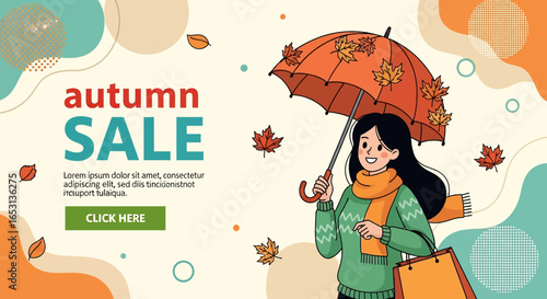 Flat illustration of autumn sale shopping banner with woman holding umbrella, autumn leaves, and shopping bag, perfect for seasonal promotions, retail marketing, and discount offers