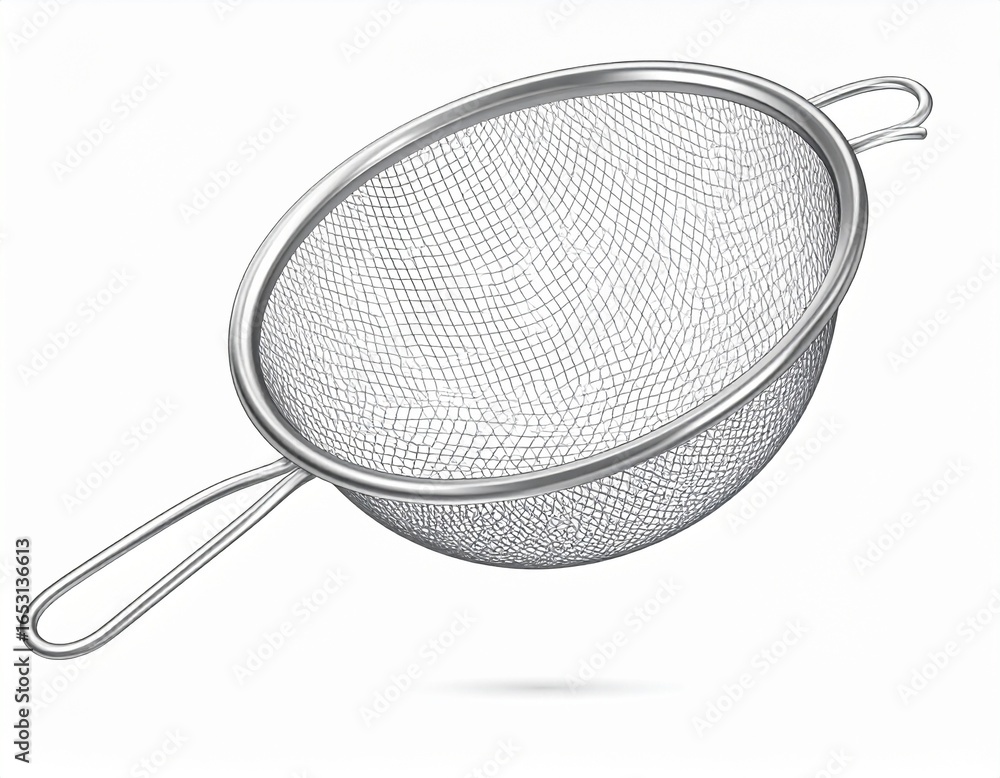 Detailed vector illustration of a new shiny metal kitchen strainer with a fine mesh sieve and comfortable handle, isolated on a clean white background, perfect for culinary projects. Detailed vector illustration of a new shiny metal kitchen strainer with a fine mesh sieve and comfortable handle, isolated on a clean white background, perfect for culinary projects.