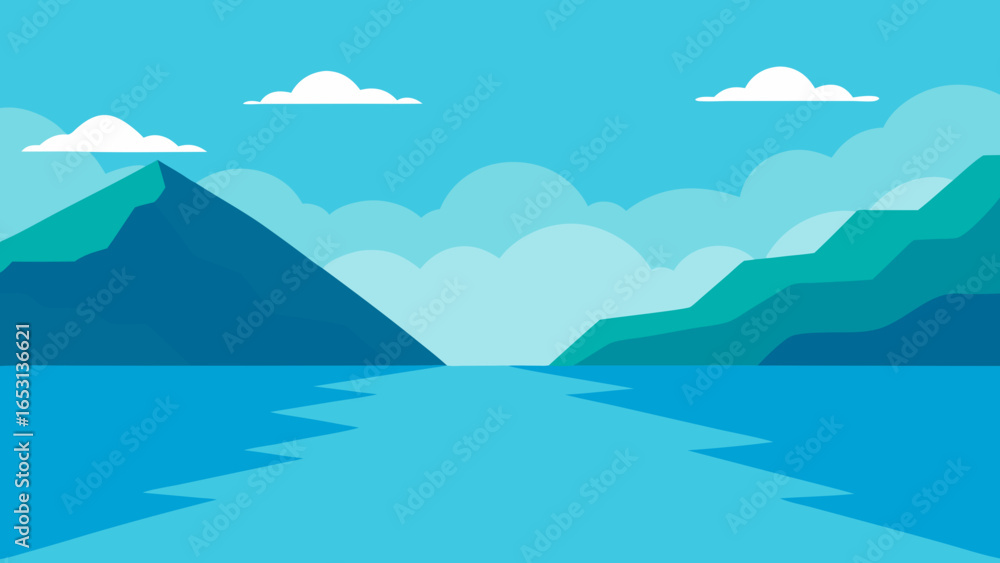 Calm Bay Illustration with Mountains Descending to the Sea Calm Bay Illustration with Mountains Descending to the Sea