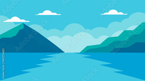 Calm Bay Illustration with Mountains Descending to the Sea
