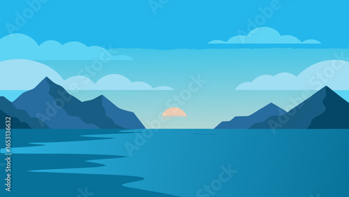 Illustration of a Calm Bay with Mountains Descending to the Sea