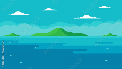 Calm Ocean Panoramic View with Small Green Islands Tropical Paradise