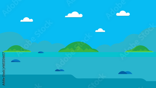 Panoramic View of a Calm Ocean with Small Green Islands Tropical
