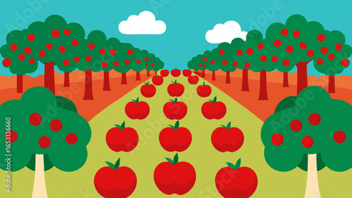 An Orchard with Rows of Apple Trees Full of Red Apples Harvest