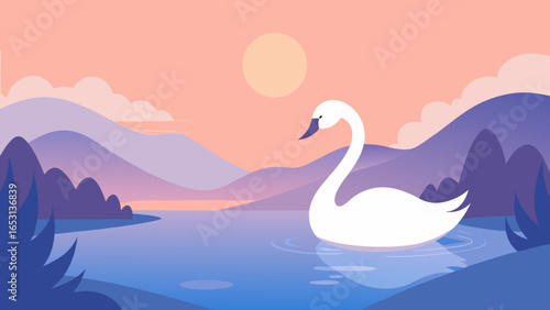 Peaceful Swan Gliding Across a Misty Lake Serene Nature Illustration