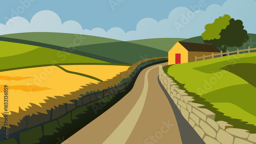 Peaceful Country Lane Bordered by an Old Fence and Trees Rural Scene