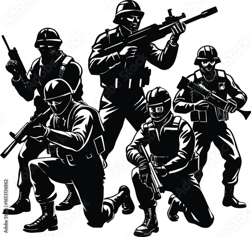 Modern soldiers in tactical gear with assault rifles