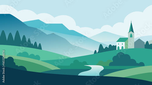 Peaceful Valley with a Small Village and a Church Idyllic Countryside