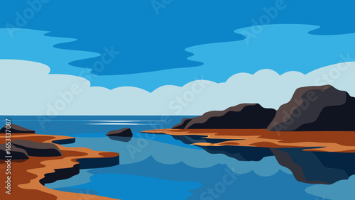 Explore a Rocky Shoreline with Tide Pools Reflecting the Sky