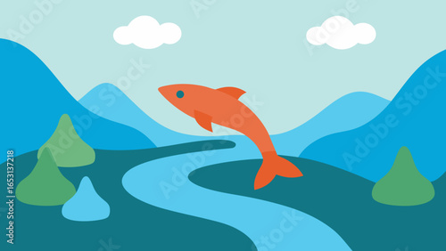 Witness a River Scene with a Salmon Leaping Upstream to Spawn