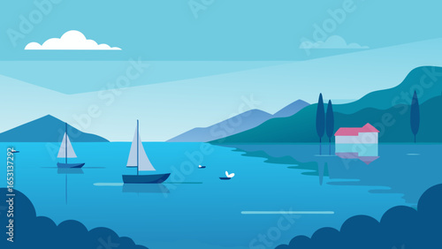 Enjoy a Serene View of a Bay with Sailboats Moored in Water