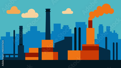 View a Skyline of an Industrial Area with Smokestacks and Buildings