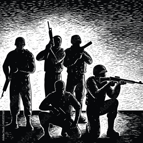 Modern soldiers in tactical gear with assault rifles