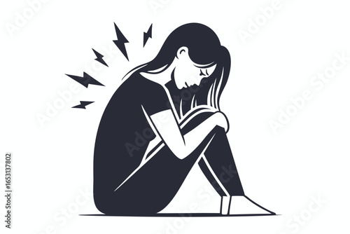 of Depressed Woman with Lightning Bolts on White Background Isolated