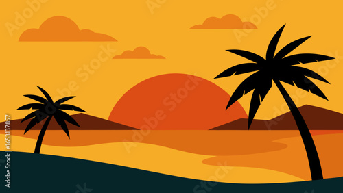 Observe a Peaceful Beach at Sunset Featuring Two Silhouetted Figures