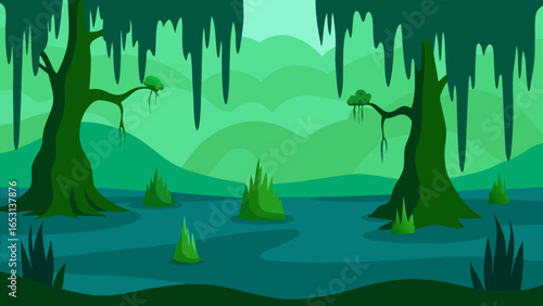 Explore a Serene Swampy Landscape with Green Cypress Trees and Still Water