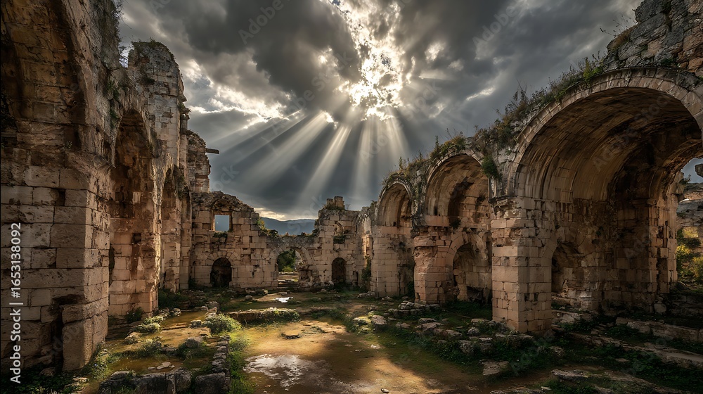 Fototapeta premium Explore ancient ruins of perge turkey with dramatic sky and sun rays shining through the clouds above ruins