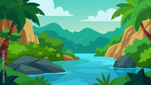 Explore a Tropical Lagoon Surrounded by Lush Jungle and Rocky Shores