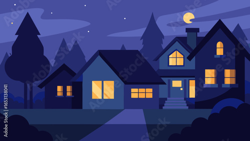 Experience a Peaceful Twilight Scene in the Suburbs with Warm Lights