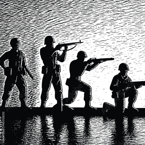 Modern soldiers in tactical gear with assault rifles