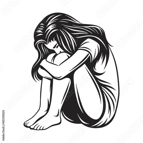 Solitude Girl Hugging Knees, Monochrome Art 
