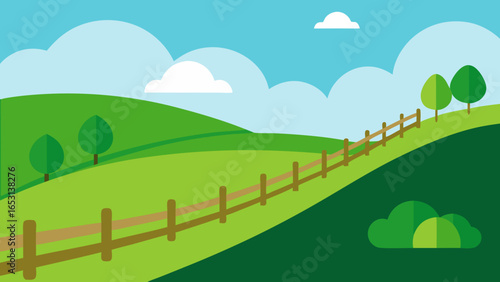 Simple vector landscape with a fence running along a green field