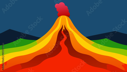 A vibrant volcanic landscape where lava flows in rainbow colors