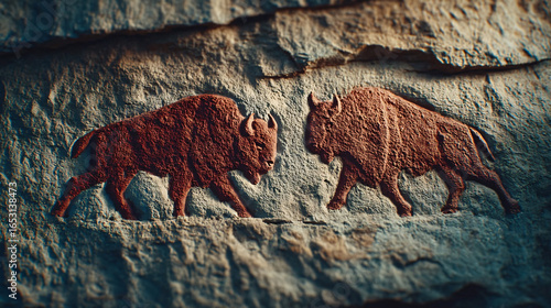Bison Carving on Rock Art Ancient History Picture Stone Sculpture Prehistoric Wildlife Engraving Cultural Heritage Pictograph Nature Craft Tradition Depiction Cave Panel Silhouette Rustic Exploration