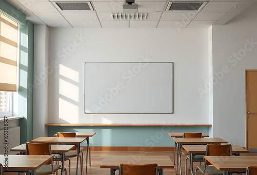 Wallpaper Mural Bright and empty classroom with desks, chairs, and a whiteboard, perfect for educational content and back to school concepts Torontodigital.ca